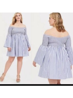 Torrid Striped Blue & White Off-the-Shoulder Skater Dress, Sz 2x, fits 18/20